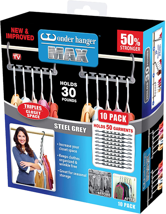 Wonder Hanger Max New & Improved, Pack of 10 – Triples Closet Space for Easy, Effortless, Wrinkle-Free Clothes, Comes Fully Assembled, Grey