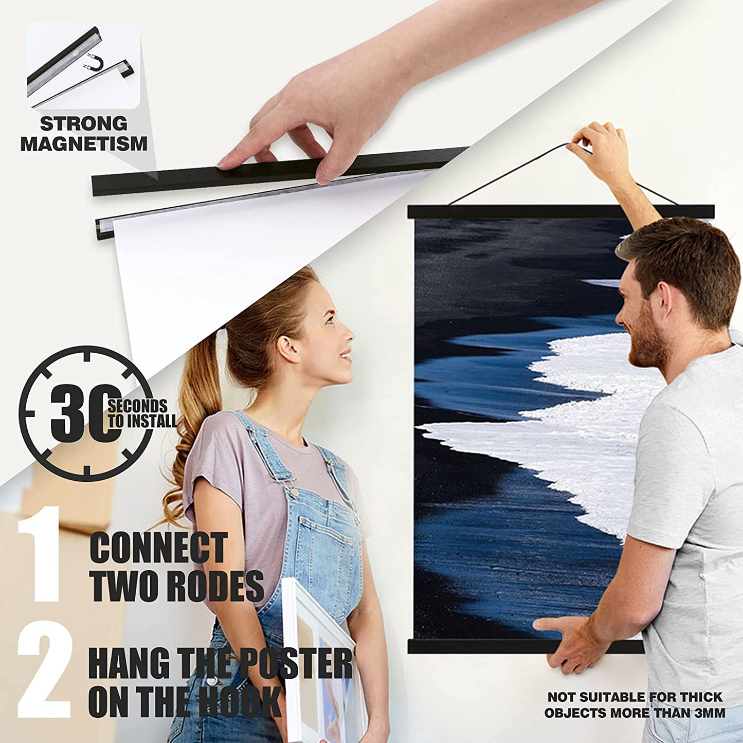 Ywlake Magnetic Poster Hanger, 8x10 8x20 8x11 Poster Frame Wood Wooden Magnet Print Posters Dowel Scroll Hanger Hangers Hanging Kit for Walls Map Canvas Artwork (Black, 8")